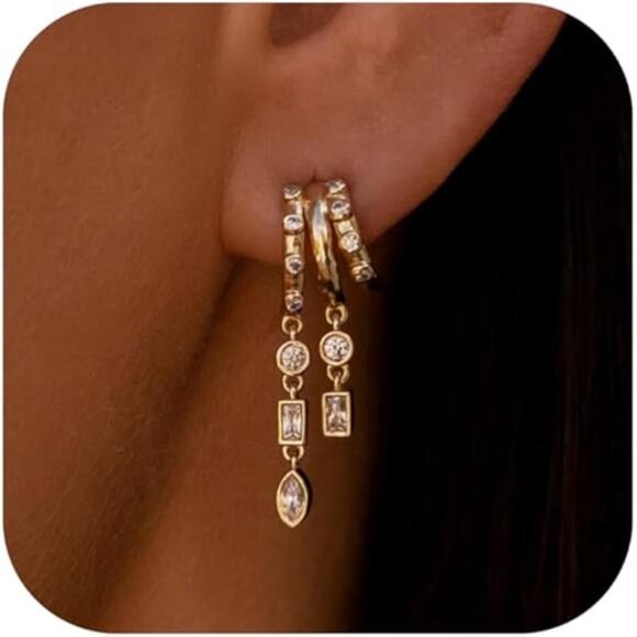 14K Gold Plated Triple Huggie Dangle Earrings | Split Wrap Statement Drops - Picture 4 of 4